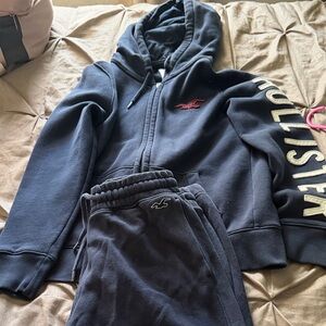 Hollister Navy Zip-Up Hoodie and Sweatpants Set with Red Logo